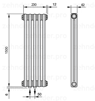 Схема (чертеж) Радиатор Zehnder Charleston 2150/5 №3470 Белый глянцевый RAL 9016